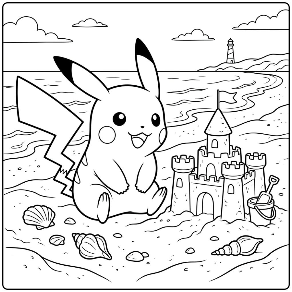 Pikachu Building a Beautiful Sand Castle coloring page