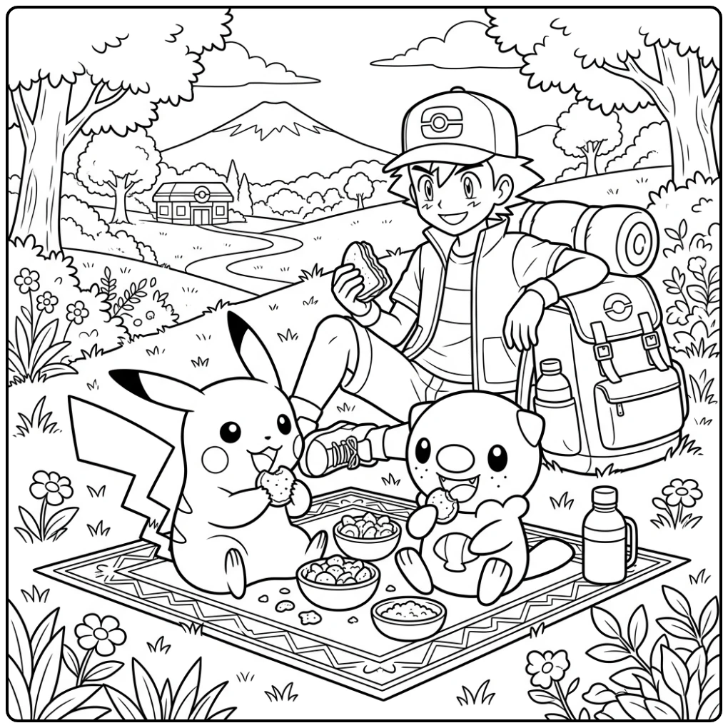 Pikachu and Oshawott Food Together Snacks coloring page