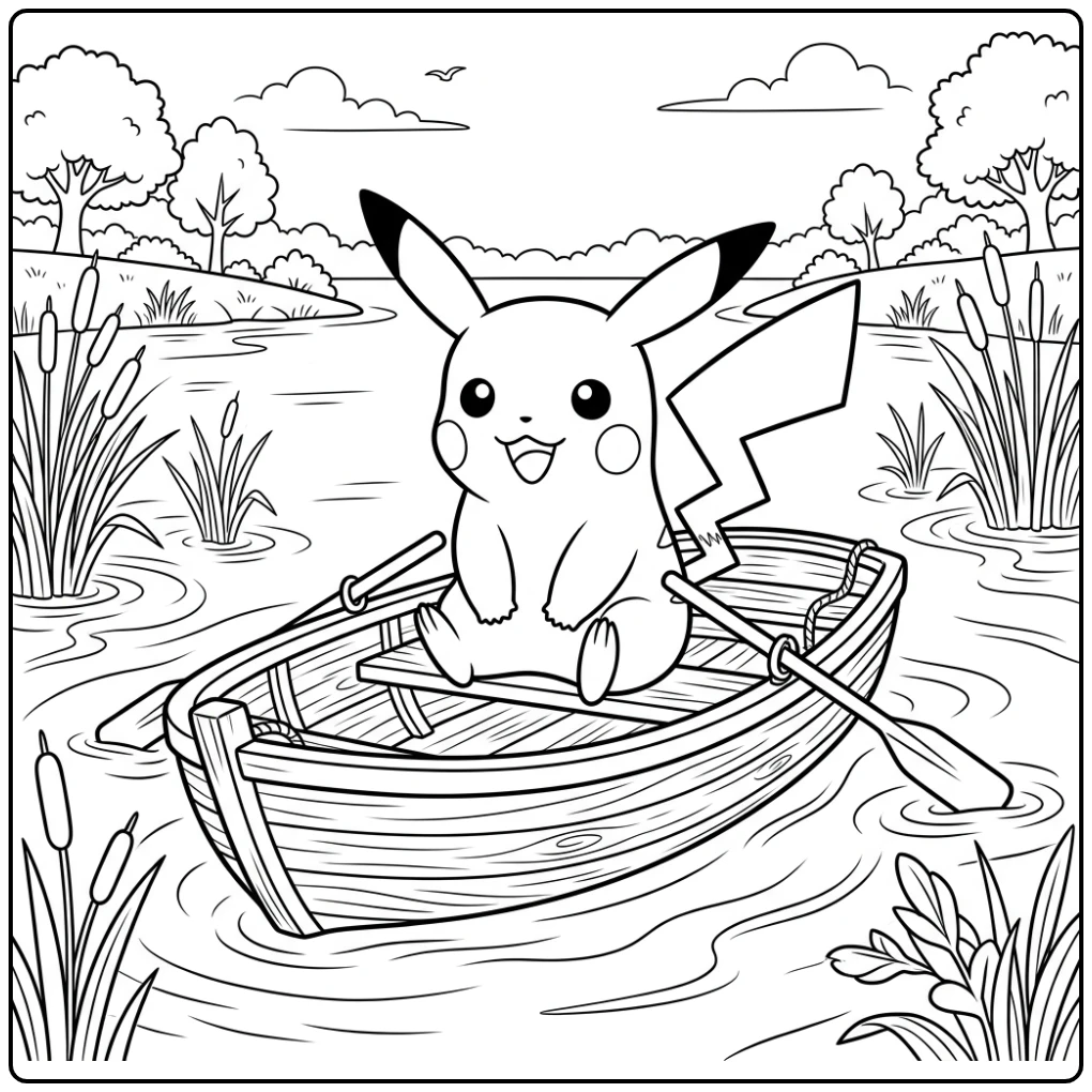 Pikachu in a Small Boat on the Water coloring page