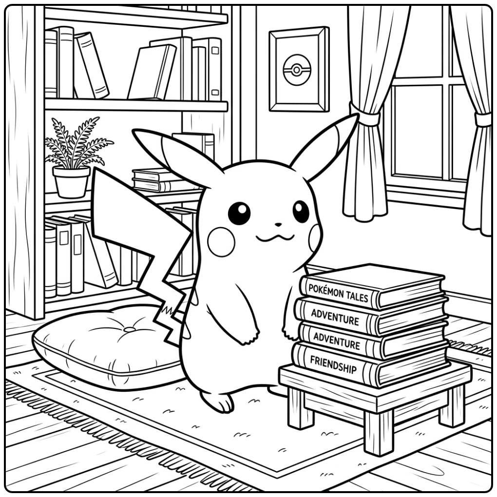 Pikachu in a Cozy Reading Nook coloring page