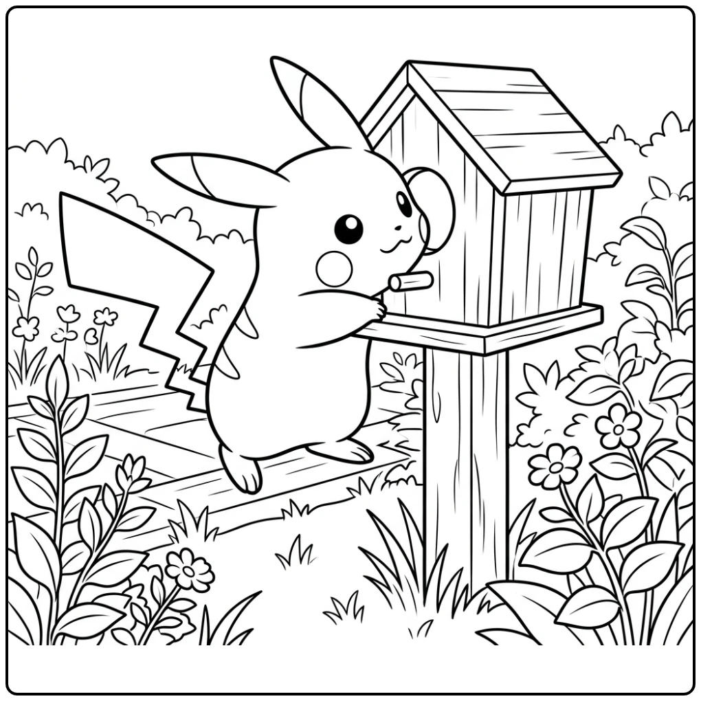 Pikachu Looking in a Birdhouse coloring page