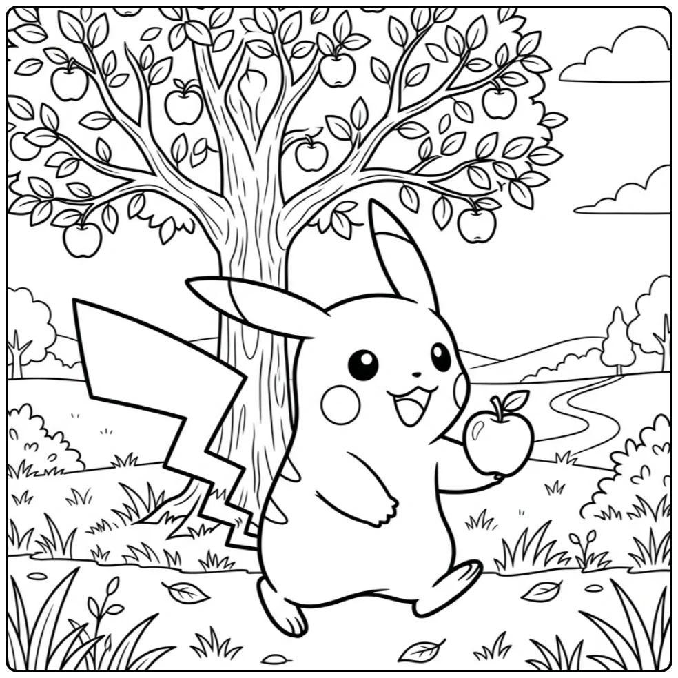 Pikachu Walking with a Small Apple coloring page