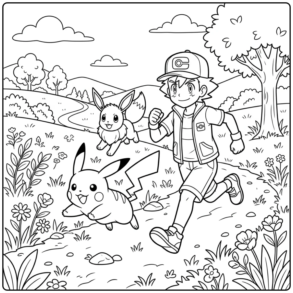 Pikachu Racing with Ash and Eevee in the Grass coloring page