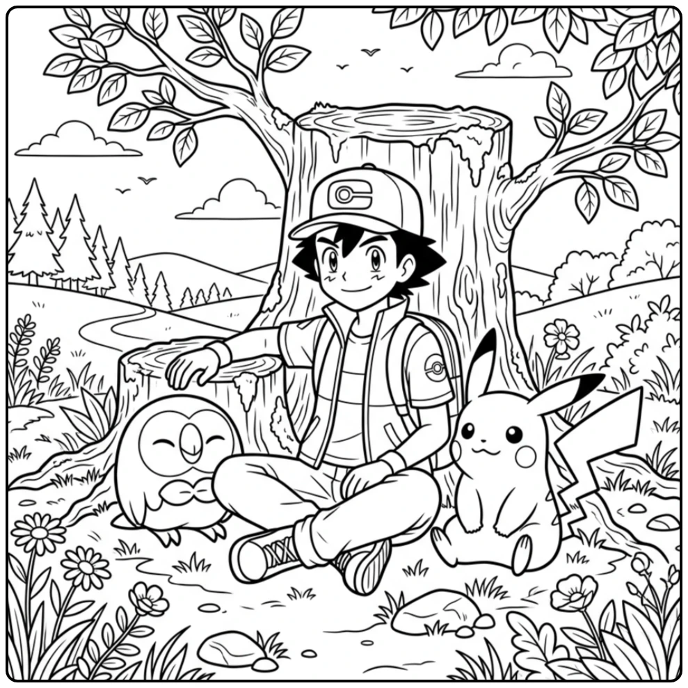 Resting Ash Pikachu and Rowlet coloring page