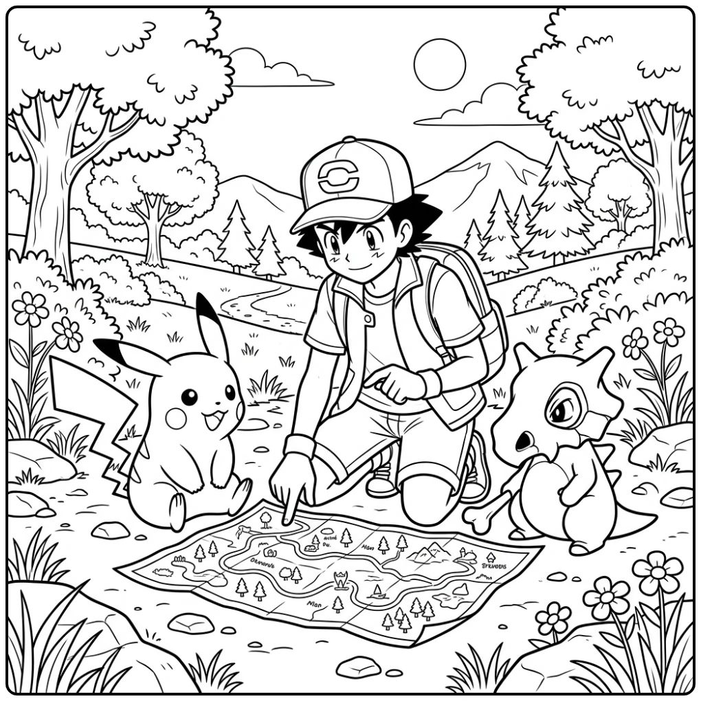 Ash Cubone and Pikachu with a Map coloring page
