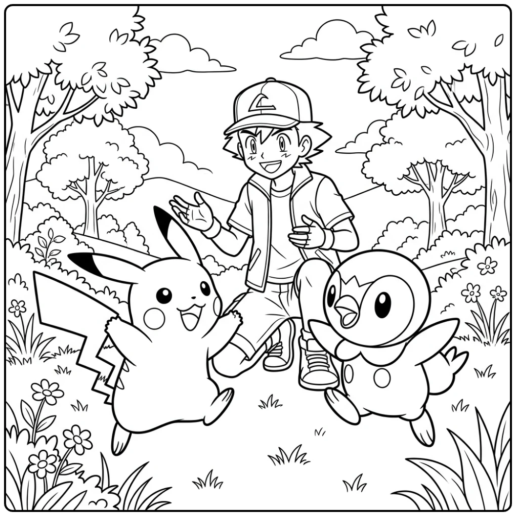 Pikachu Ash Cheering on His Pokemon coloring page