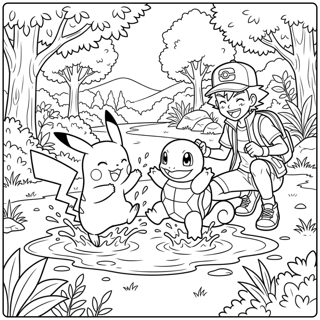 Pikachu Playing Pokemon with Smiling Ash coloring page