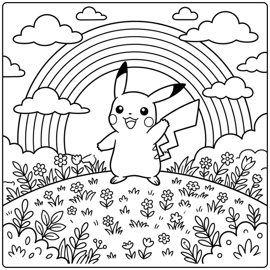 Pikachu Under the Pokemon Rainbow Cheerful Scene coloring page
