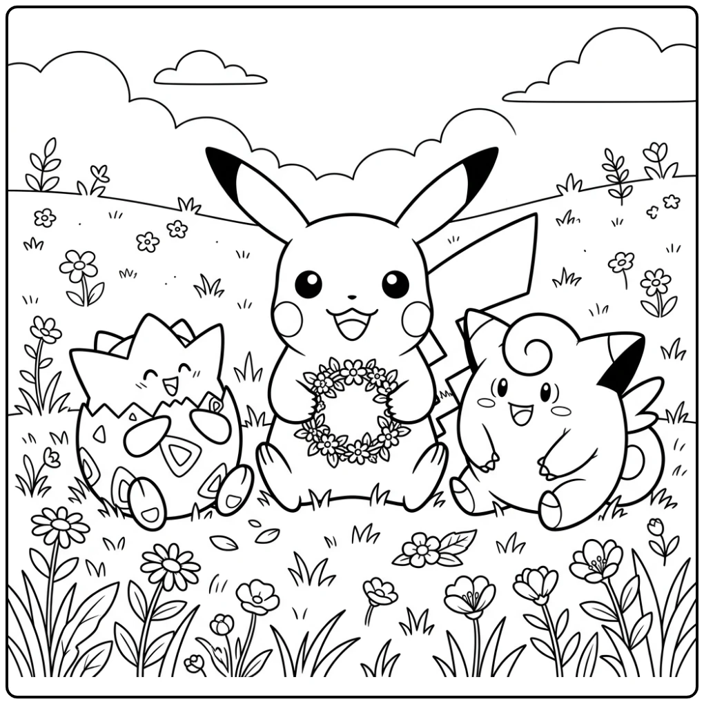 Pikachu Togepi and Clefairy Pokemon Cute coloring page
