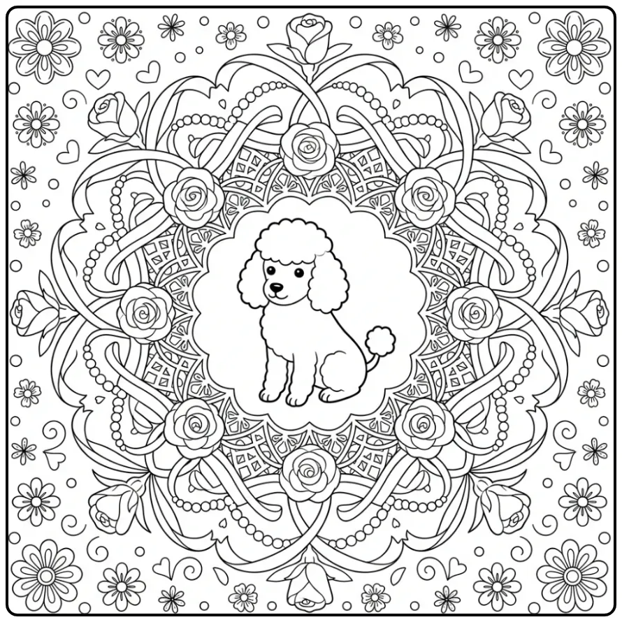 Poodle Puppy in Mandala Style for Adults coloring page