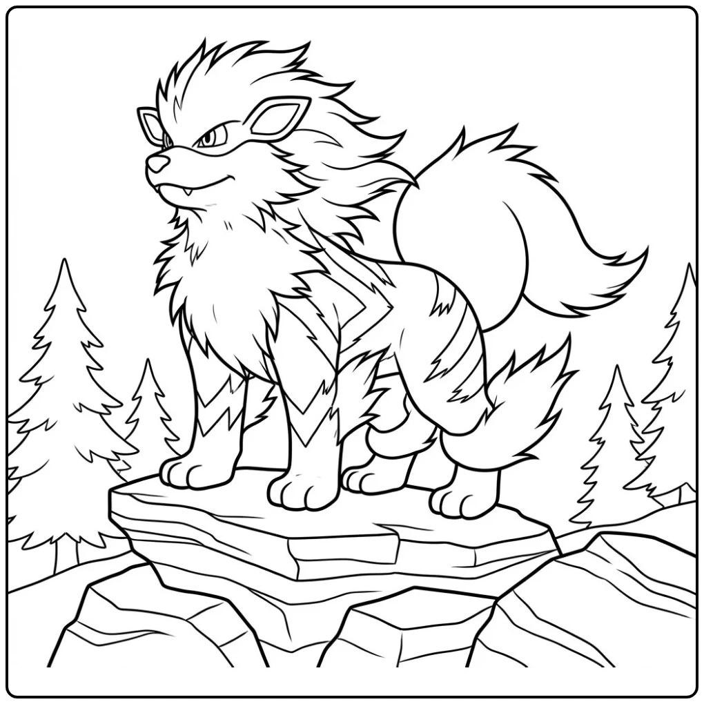 Majestic Pokemon Arcanine on a Mountain Cliff coloring page