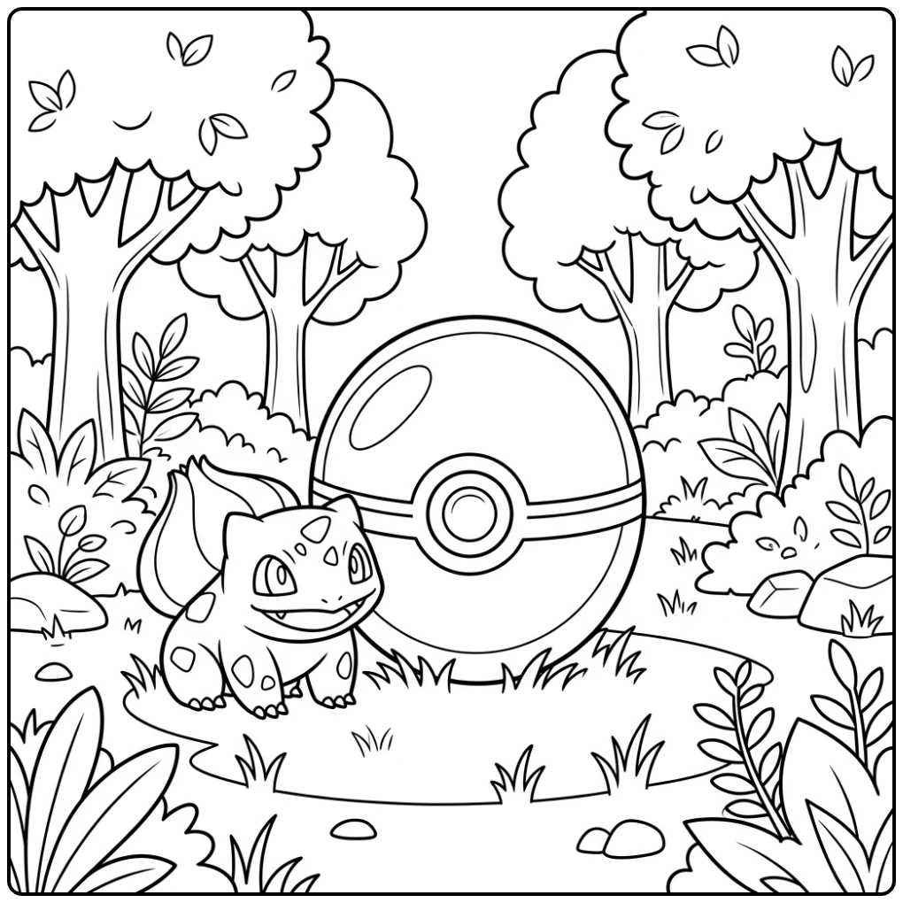 Bulbasaur Next to a Poke Ball in an Open Place coloring page
