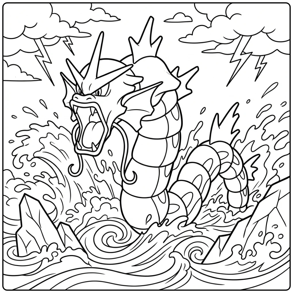 Pokemon Gyarados Wild Waves and Rocks coloring page