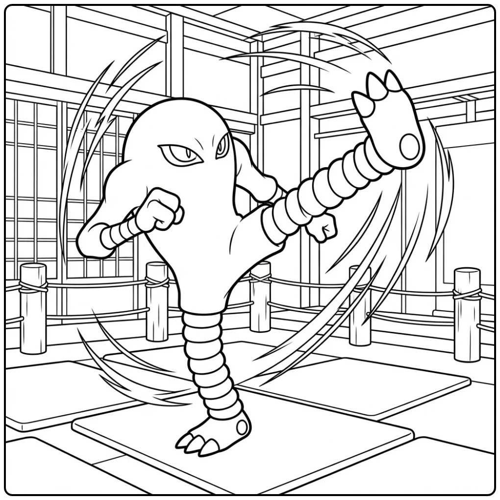 Pokemon Hitmonlee Performing a Powerful Kick coloring page