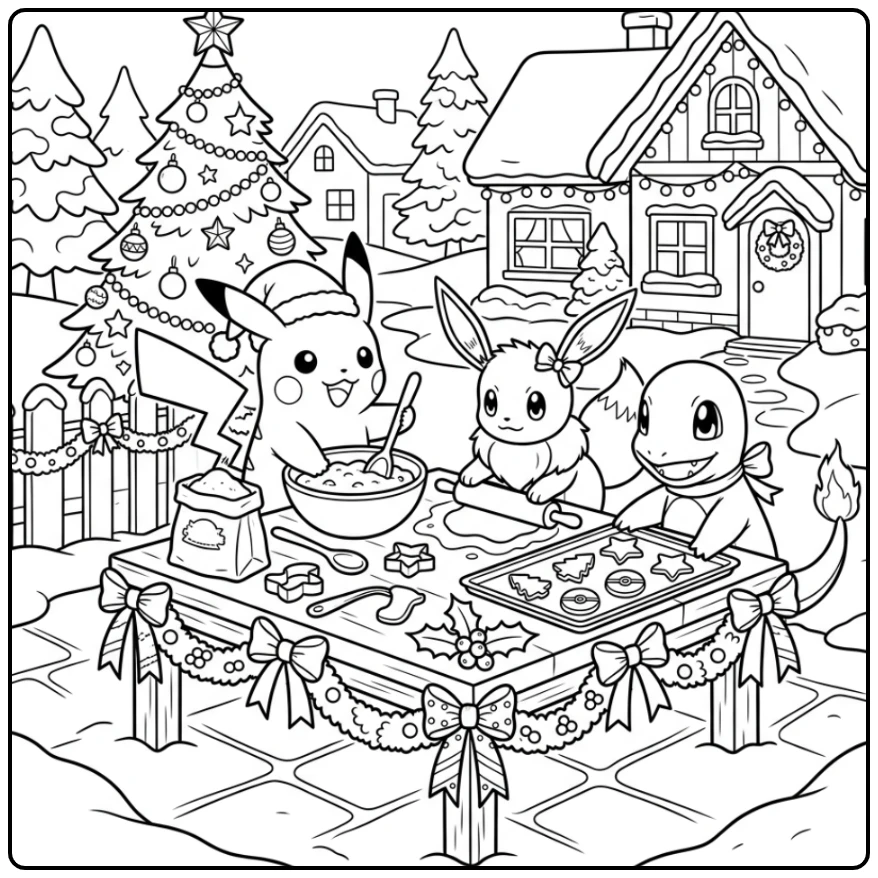 Pokemon Christmas Pikachu Eevee Charmander Baking coloring page