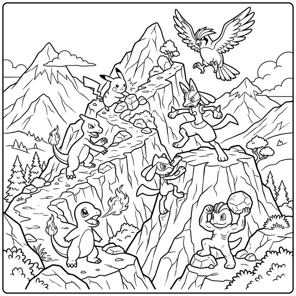 Pokemon Mountain Training with Lucario and Pikachu coloring page