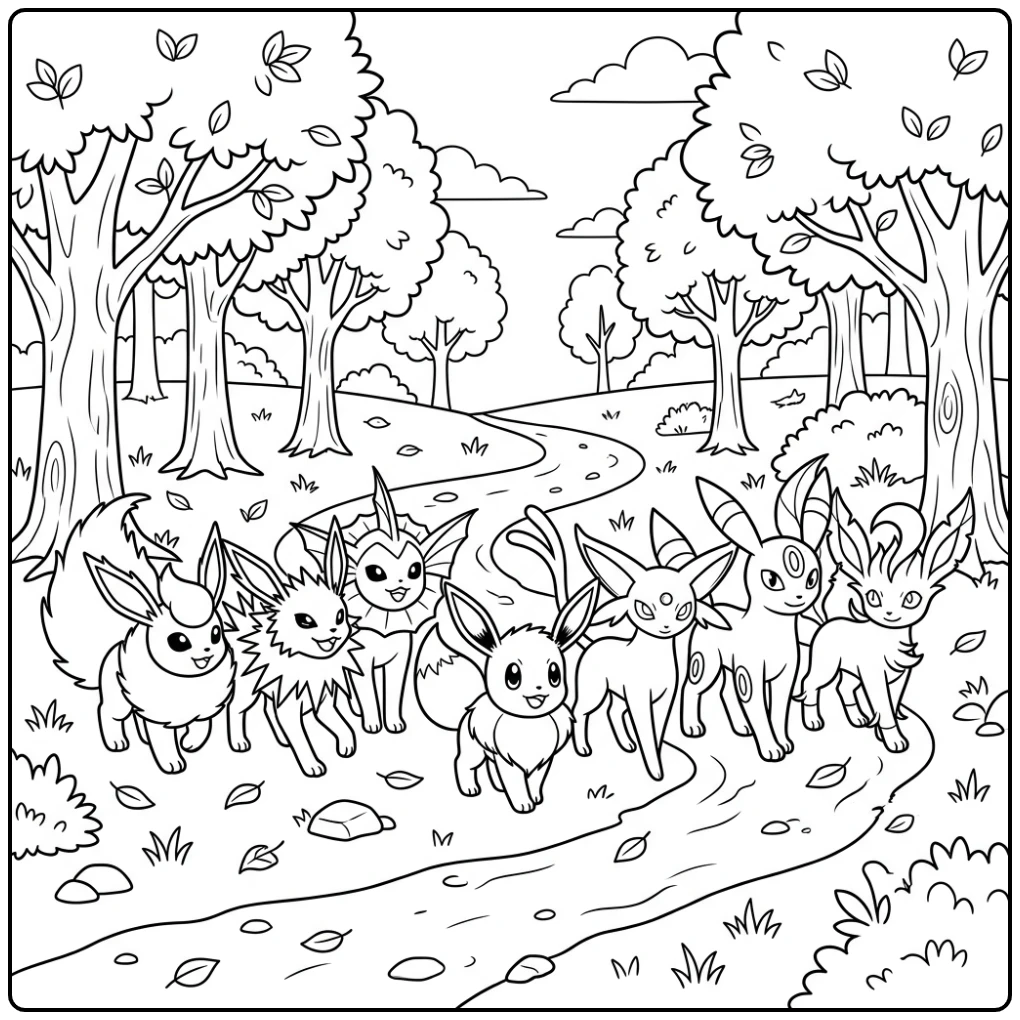 Pokemon Forest Adventure with Eevee and Her Evolutions coloring page