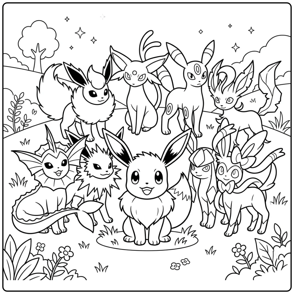 Pokemon Evolutions Eevee Surrounded by Her Team coloring page