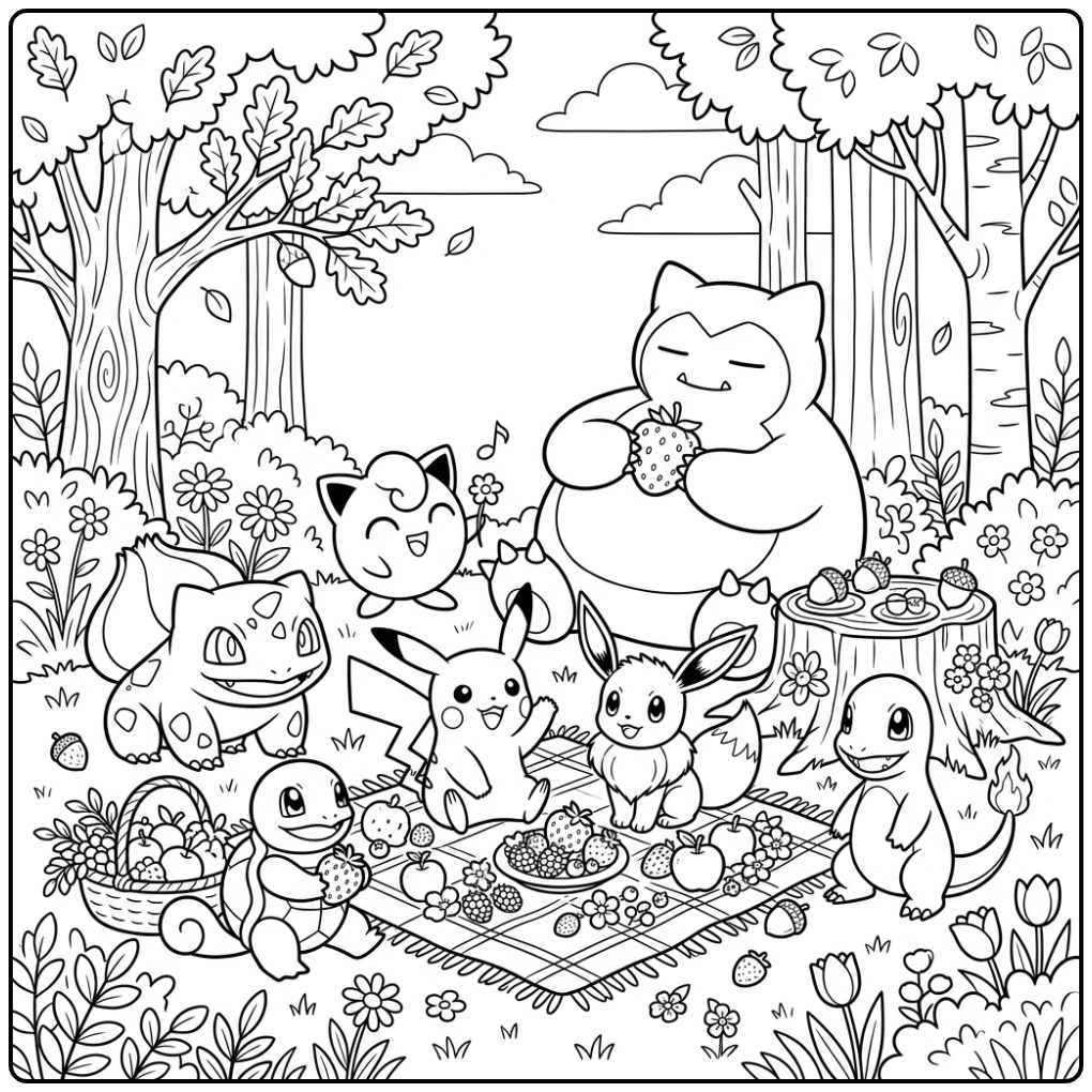 Pokemon Pikachu and Friends with a Picnic coloring page