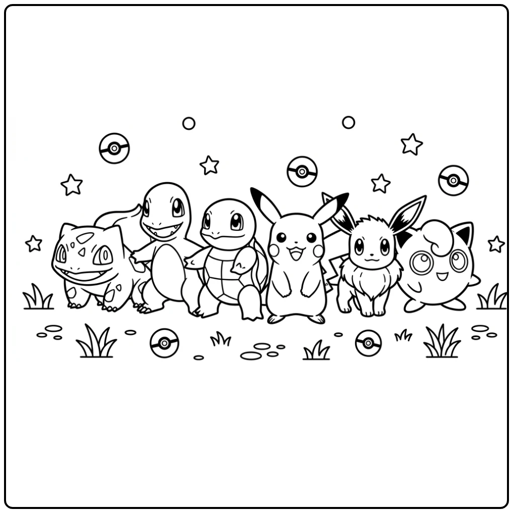 First Generation Pokemon with Pikachu coloring page