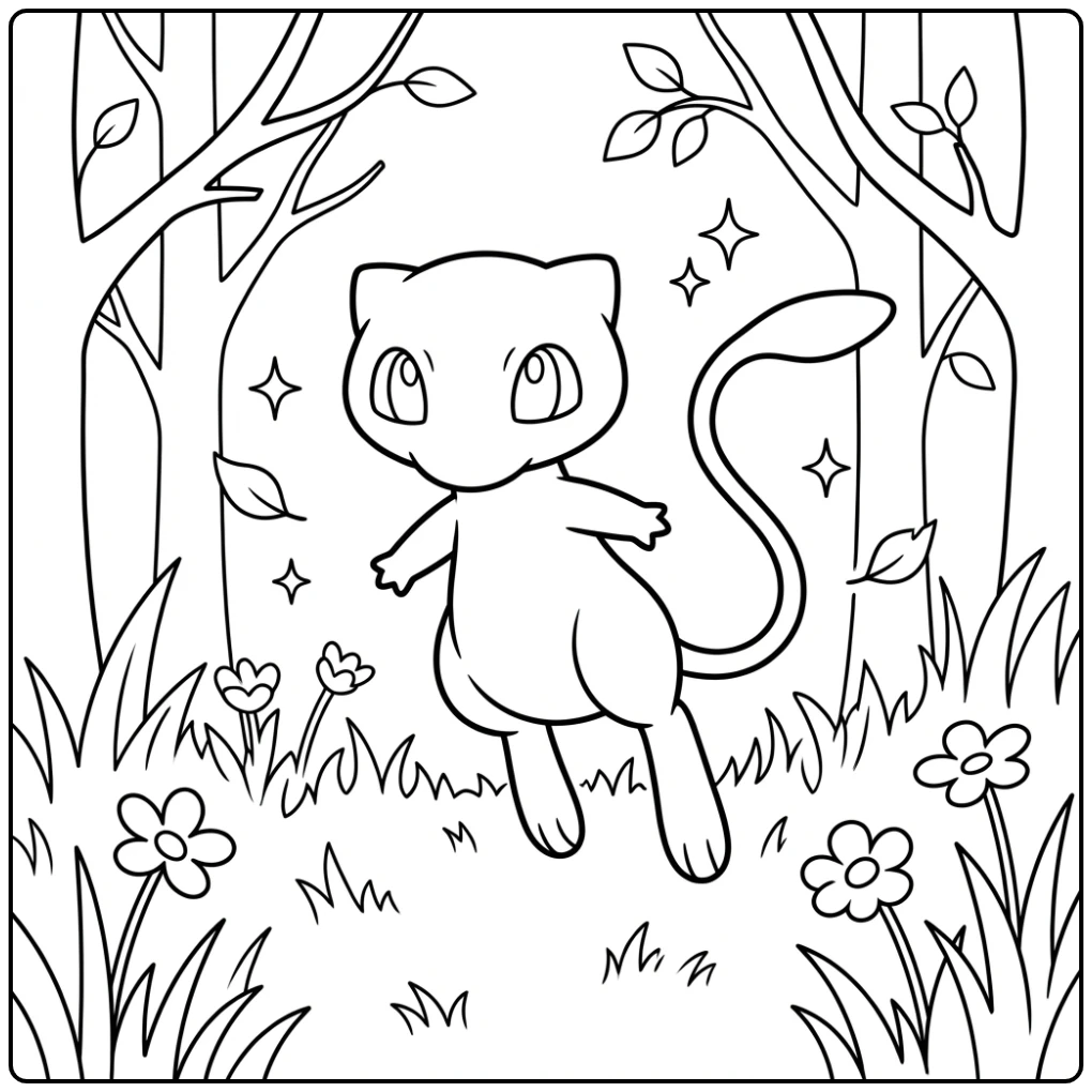 Pokemon Mew Floating in the Forest coloring page