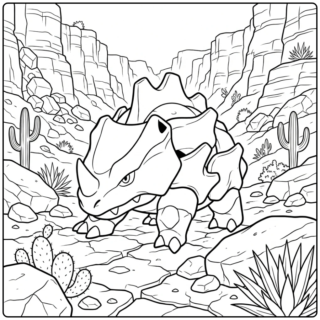 Pokemon Rhyhorn Rocks and Desert Plants coloring page