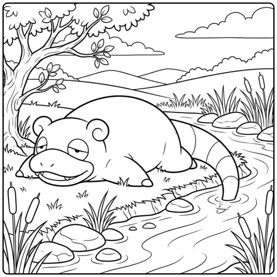 Pokemon Slowpoke Relaxing at the Waterside coloring page