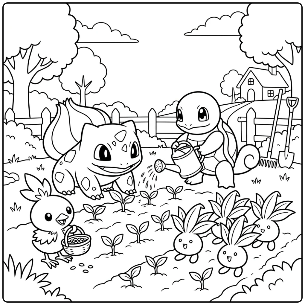 Fun Bulbasaur Gardening with Pokemon coloring page