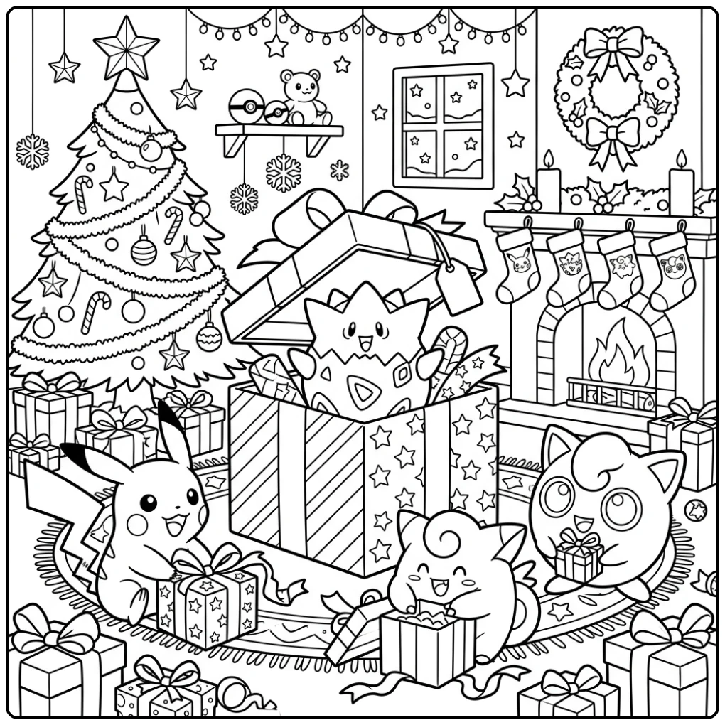 Pokemon Christmas Gift Opening with Pikachu Togepi coloring page