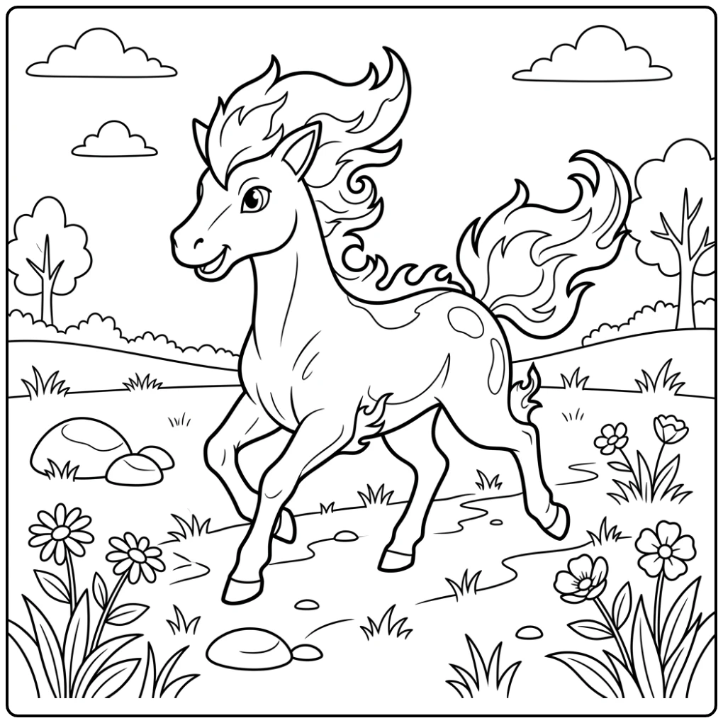 Ponyta Pokemon Gallop in a Bloemrijk Landscape coloring page