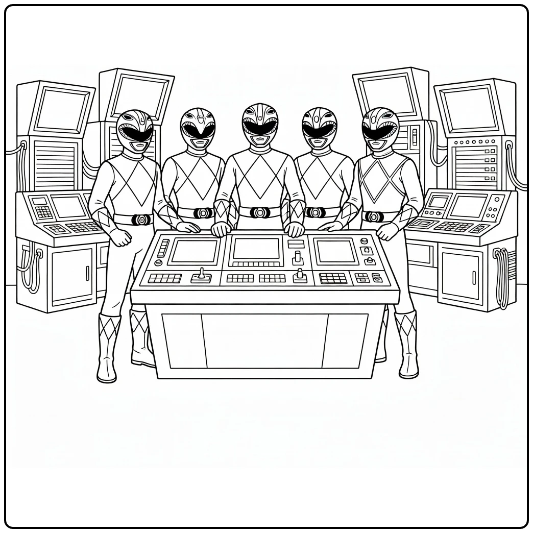 Power Rangers in Command Center Scene coloring page