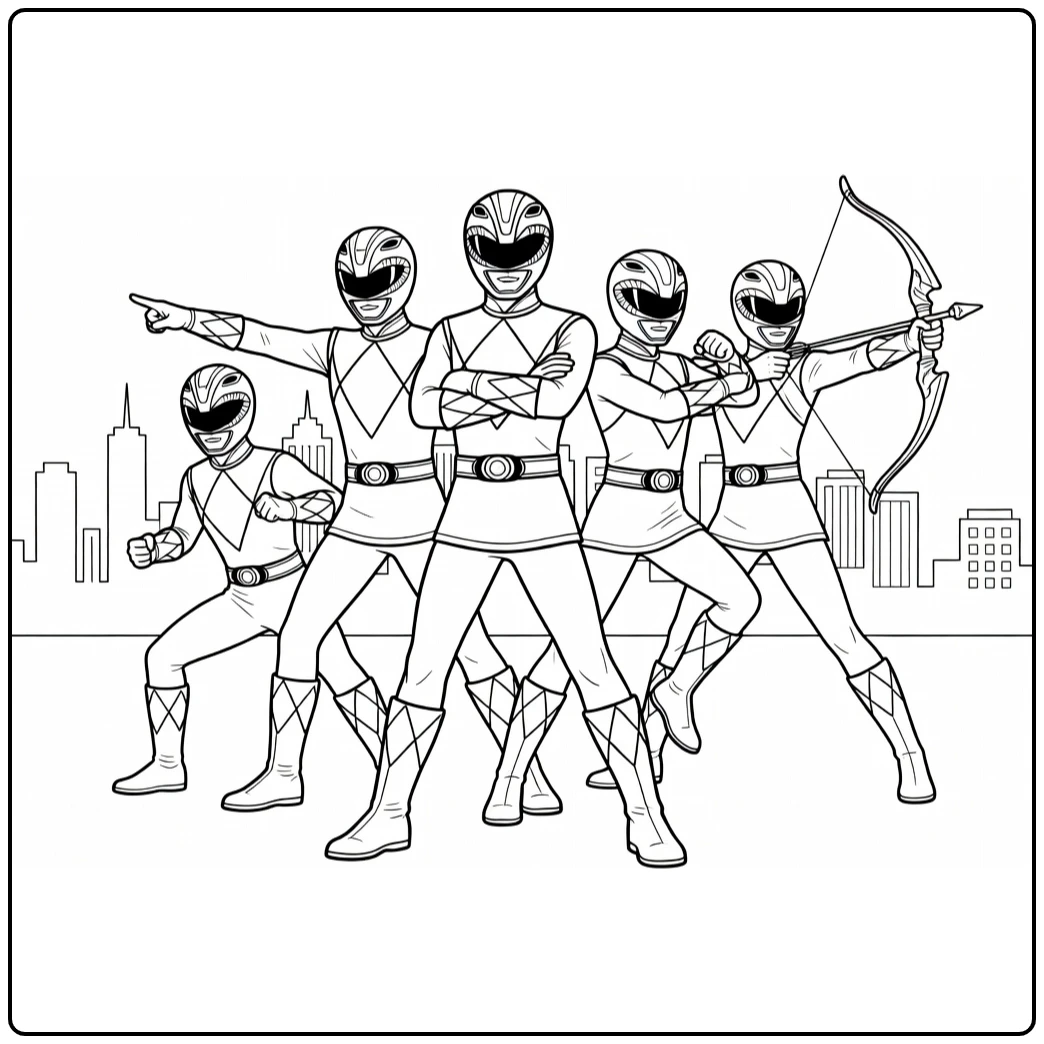 Power Rangers coloring page with an action team pose