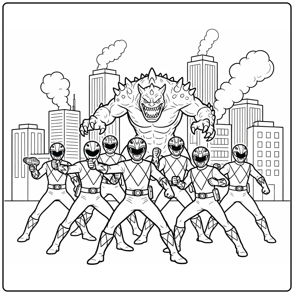 Power Rangers Battle Against Monster in City coloring page