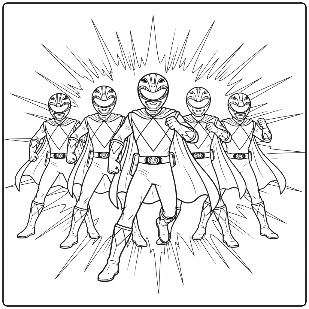 Power Rangers Red Ranger in Front and Team coloring page