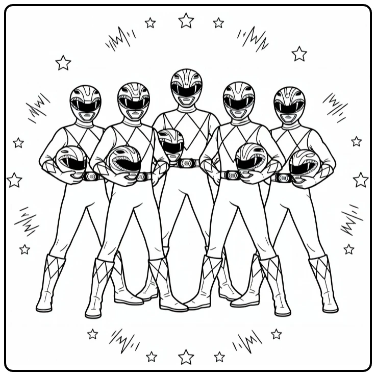 United Power Rangers Team with Raised Helmets coloring page