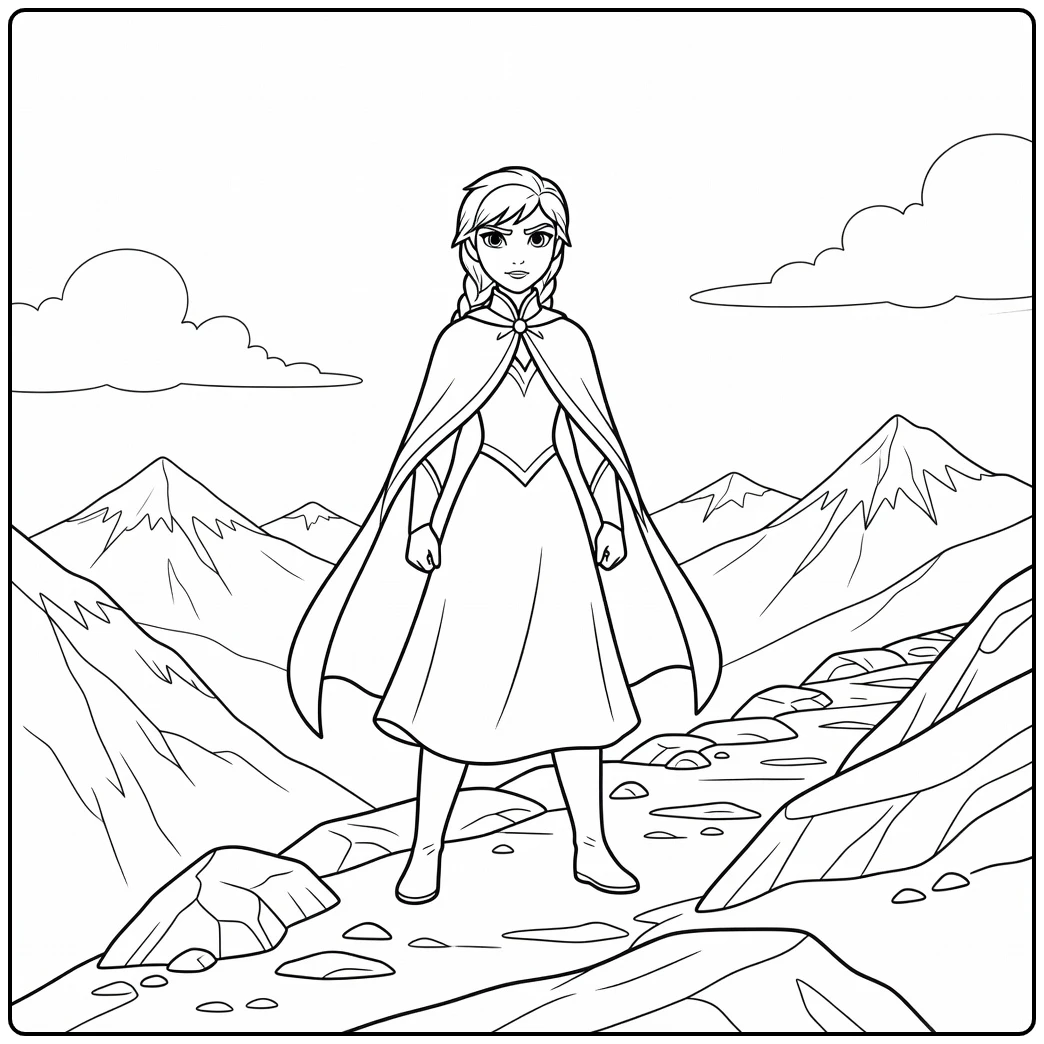 Anna coloring page in a winter adventure scene