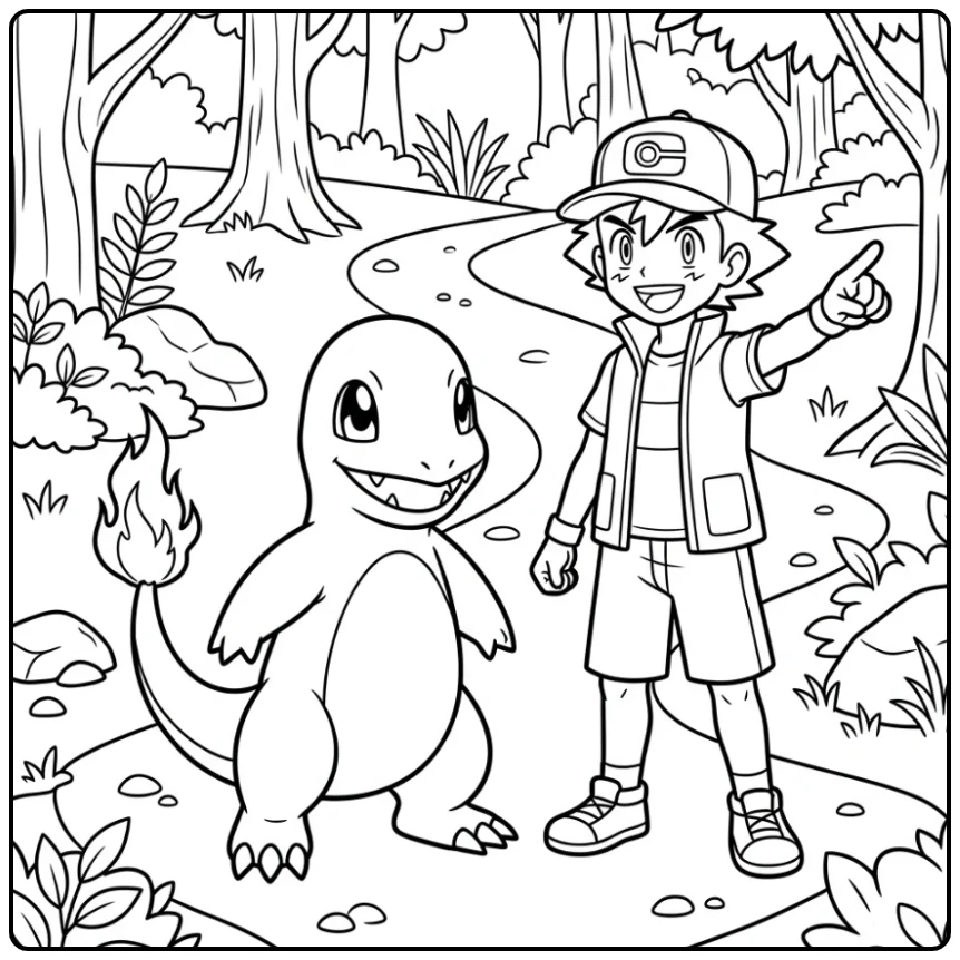 Beautiful Charmander Ash in the Forest coloring page