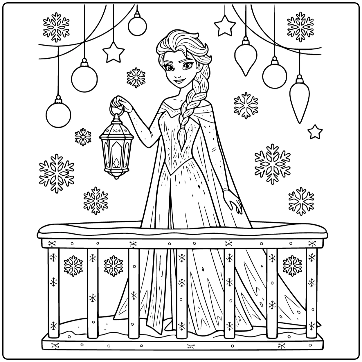 Beautiful Elsa Christmas on a Snow-covered Balcony coloring page