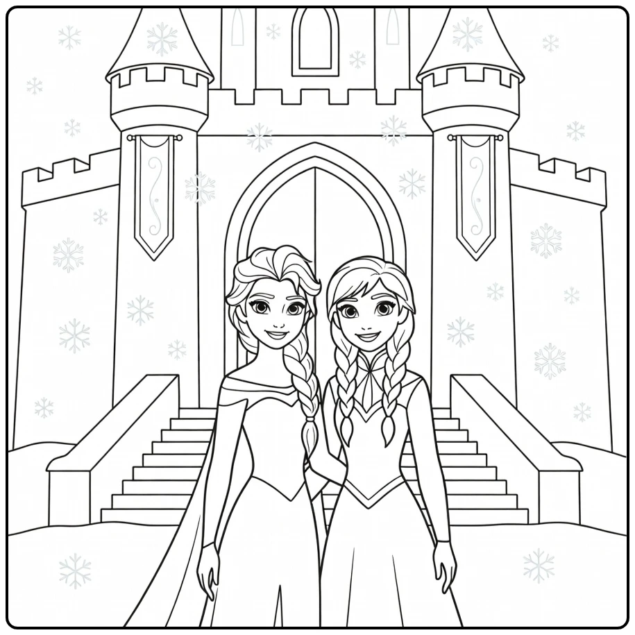 Beautiful Frozen Elsa and Anna in Arendelle coloring page