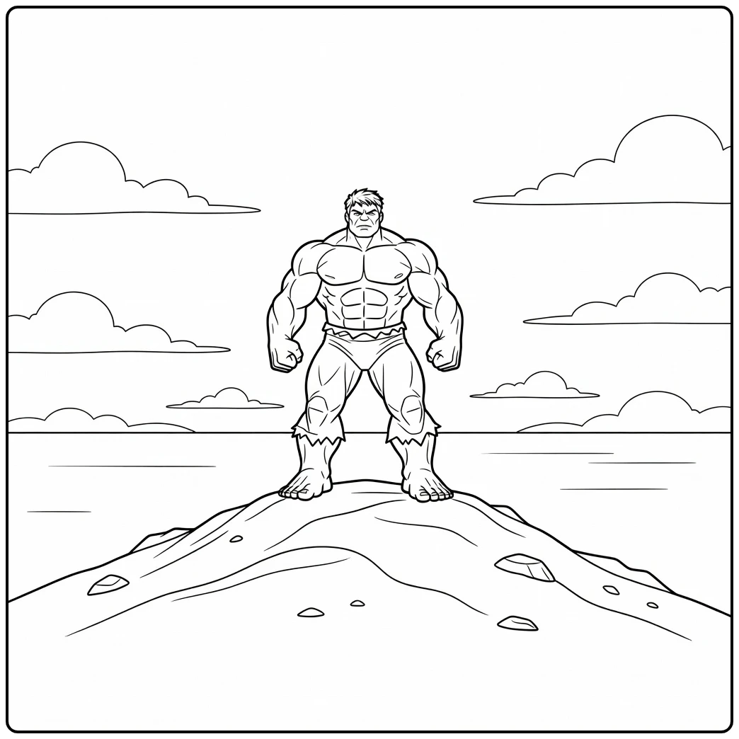 Beautiful Hulk a Heroic Pose on the Mountain coloring page