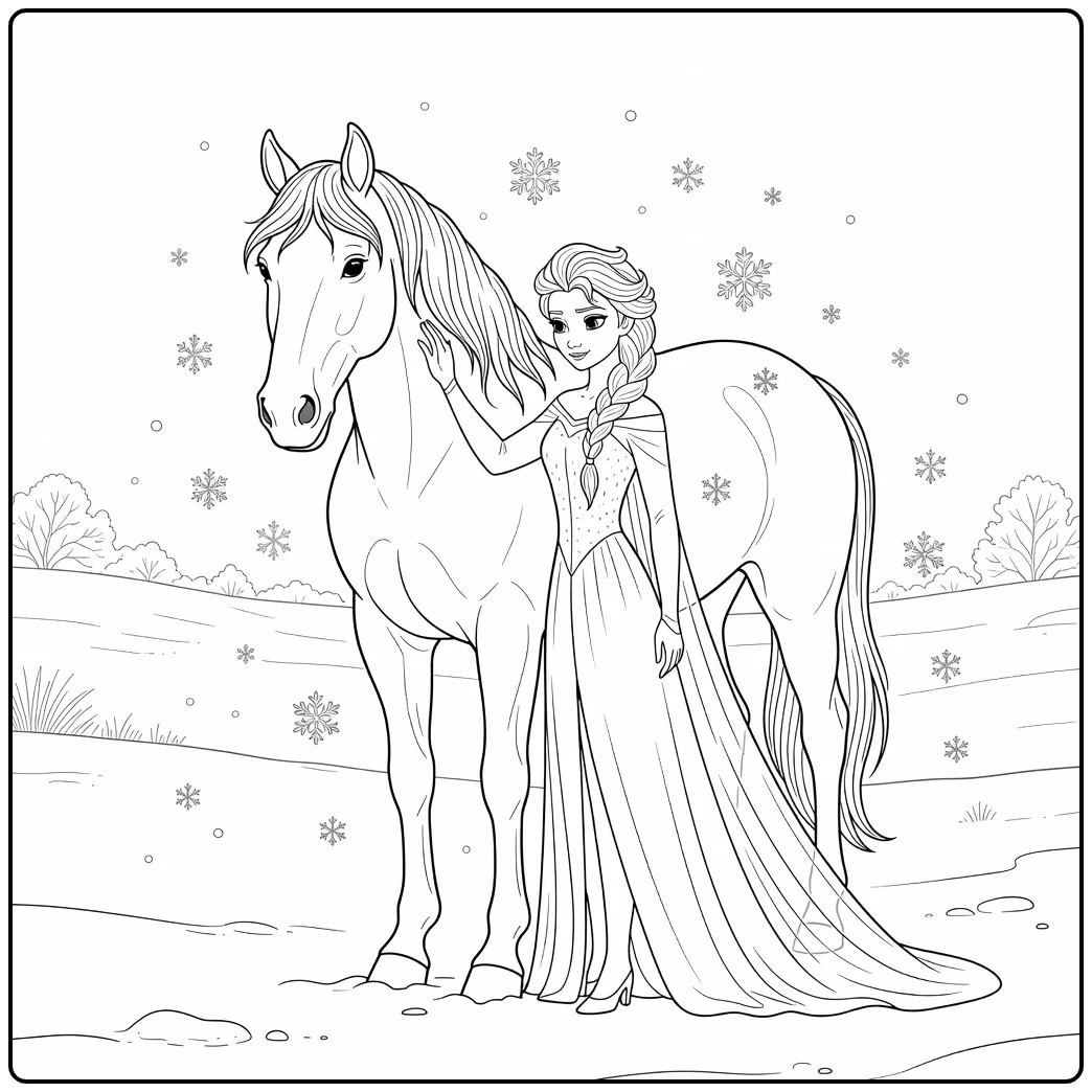 Beautiful Elsa Horse in a Winter Landscape coloring page