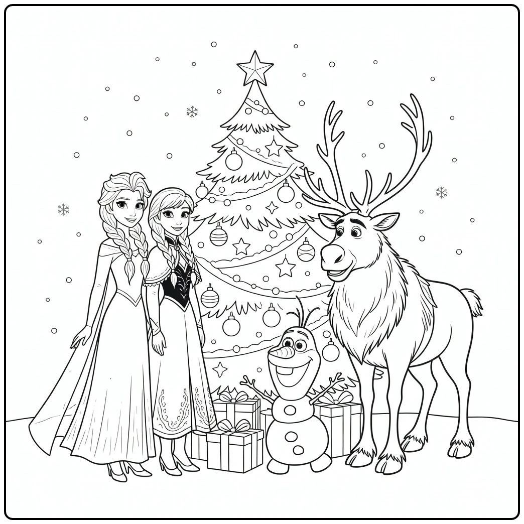 Beautiful Christmas Frozen with a Decorated Tree coloring page
