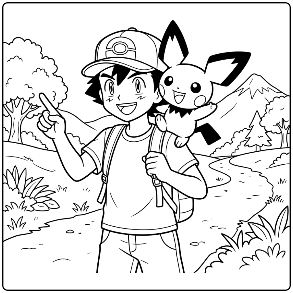 Beautiful Pichu on the Shoulder of Ash coloring page