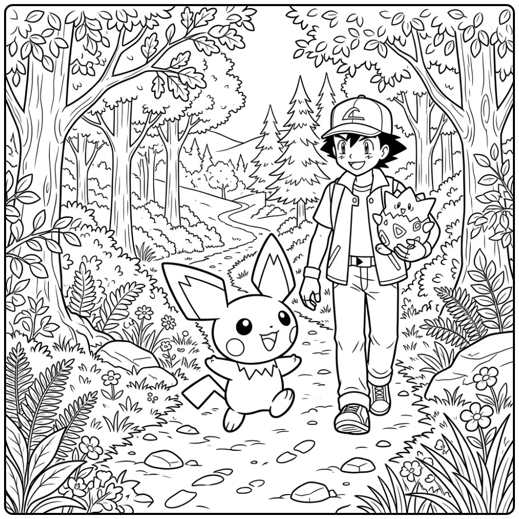 Beautiful Pichu Walking on a Wooded Path coloring page