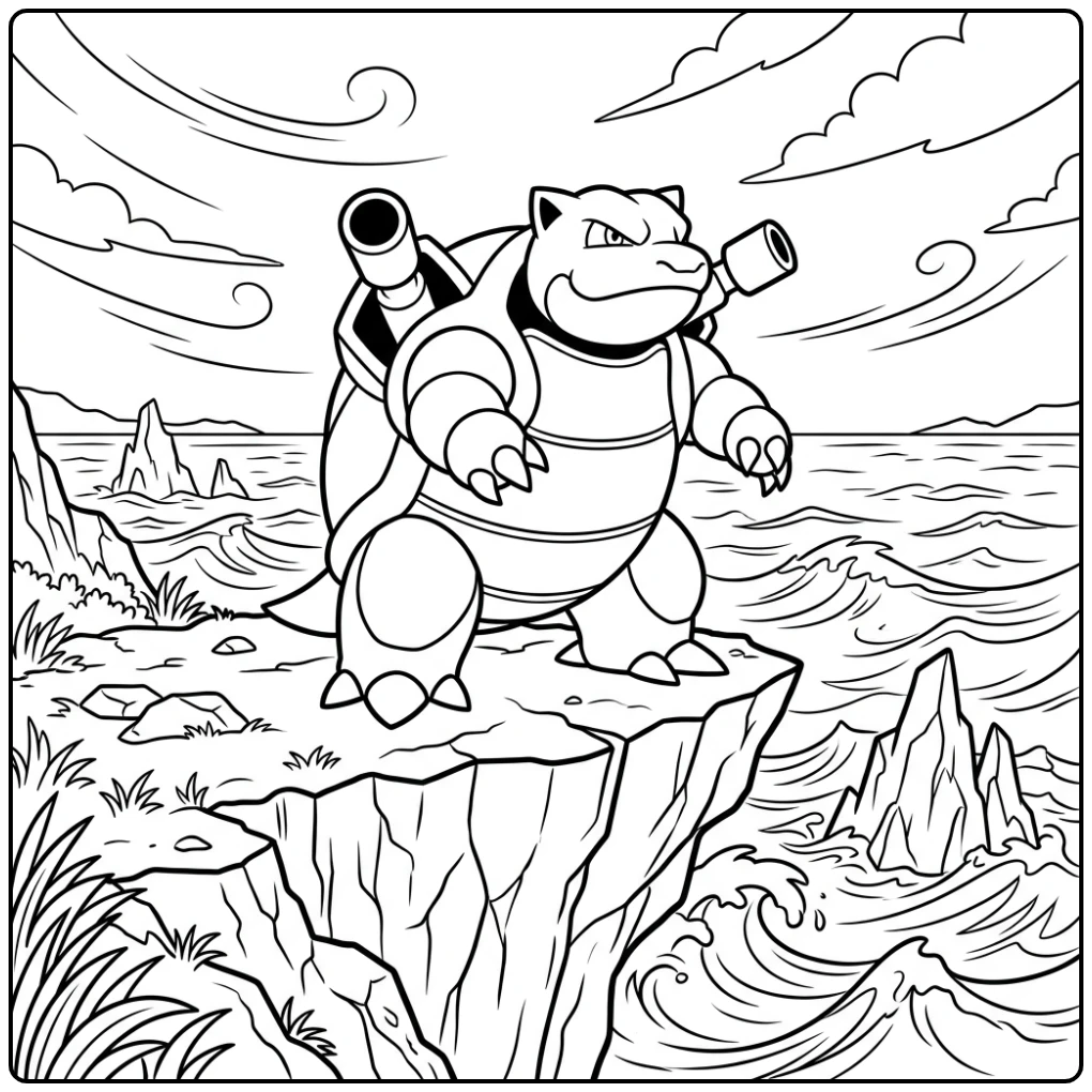 Beautiful Pokemon Blastoise with the Ocean coloring page