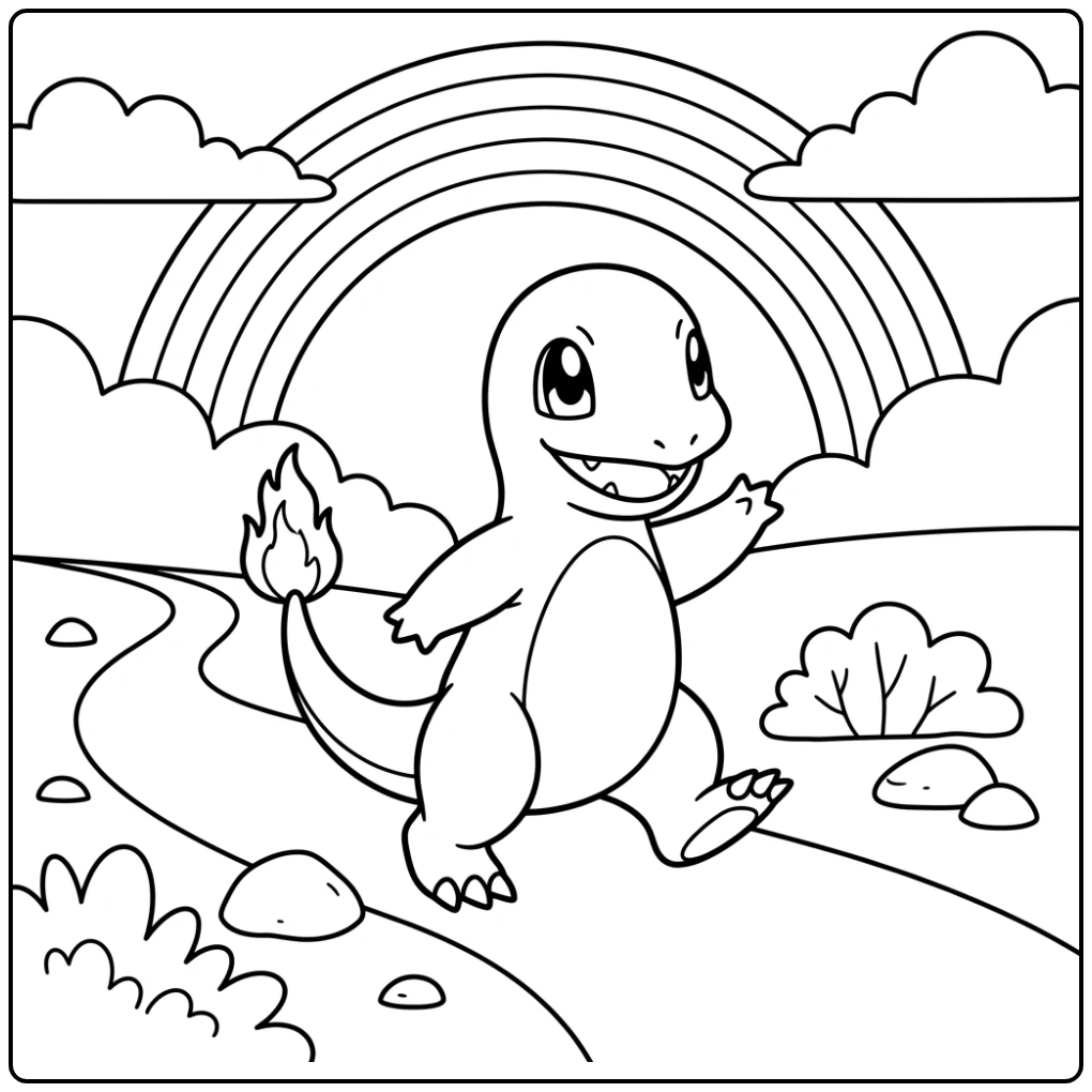 Beautiful Pokemon Rainbow with Happy Charmander coloring page