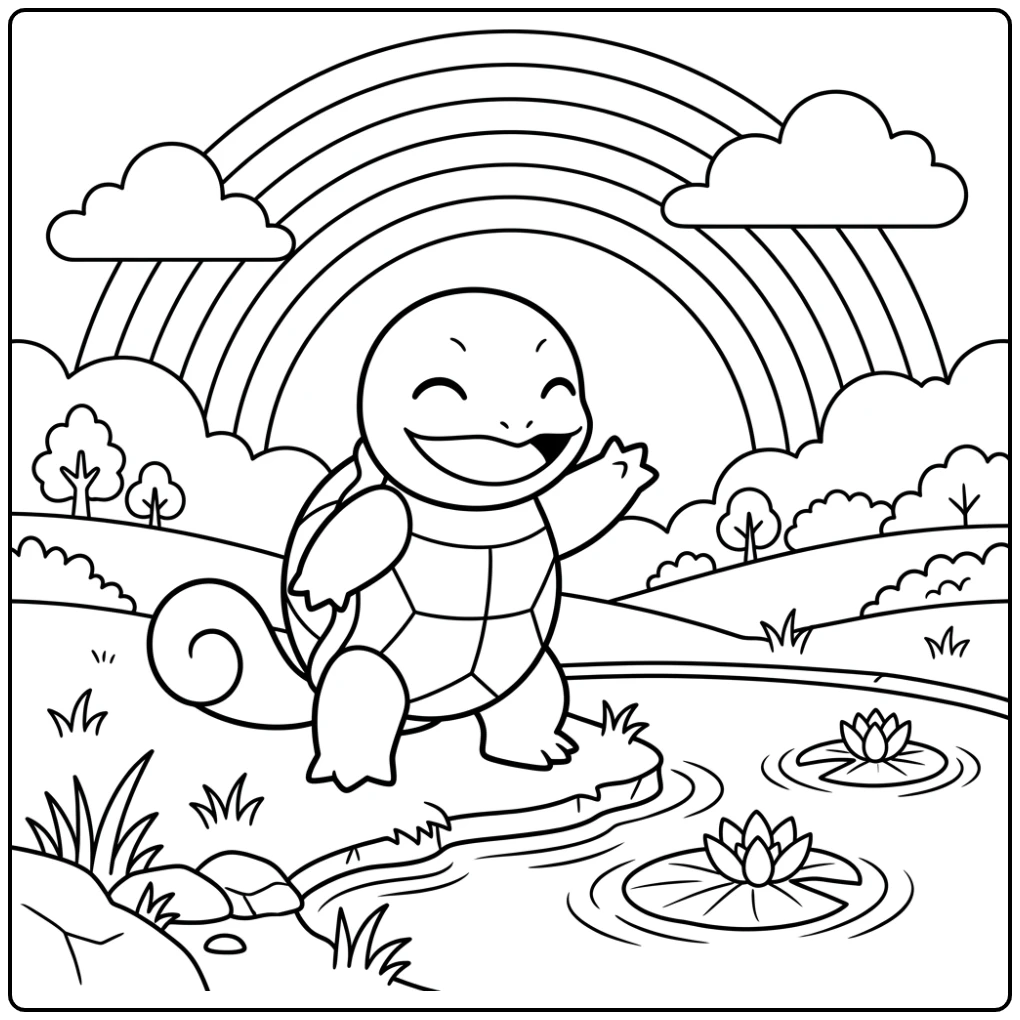 Beautiful Pokemon Rainbow Squirtle with the Pond coloring page