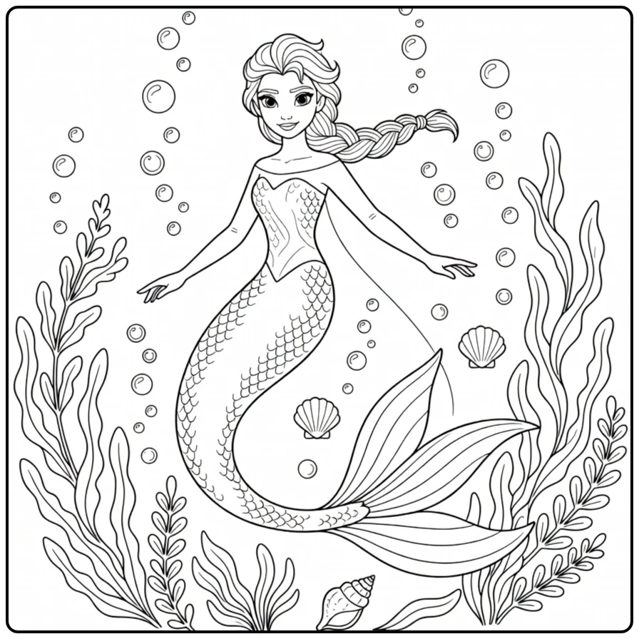 Beautiful Mermaid Elsa in the Ocean coloring page