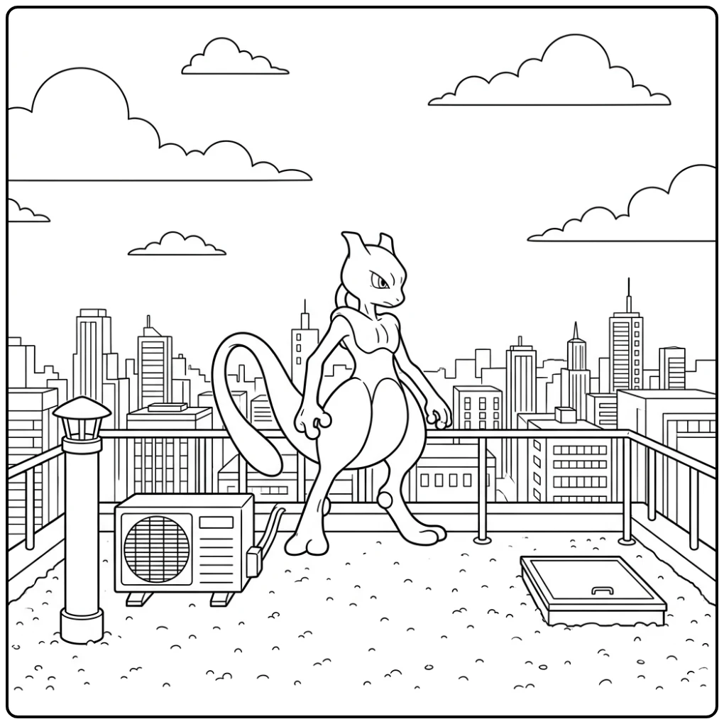 Beautiful Mewtwo High on a Skyscraper coloring page