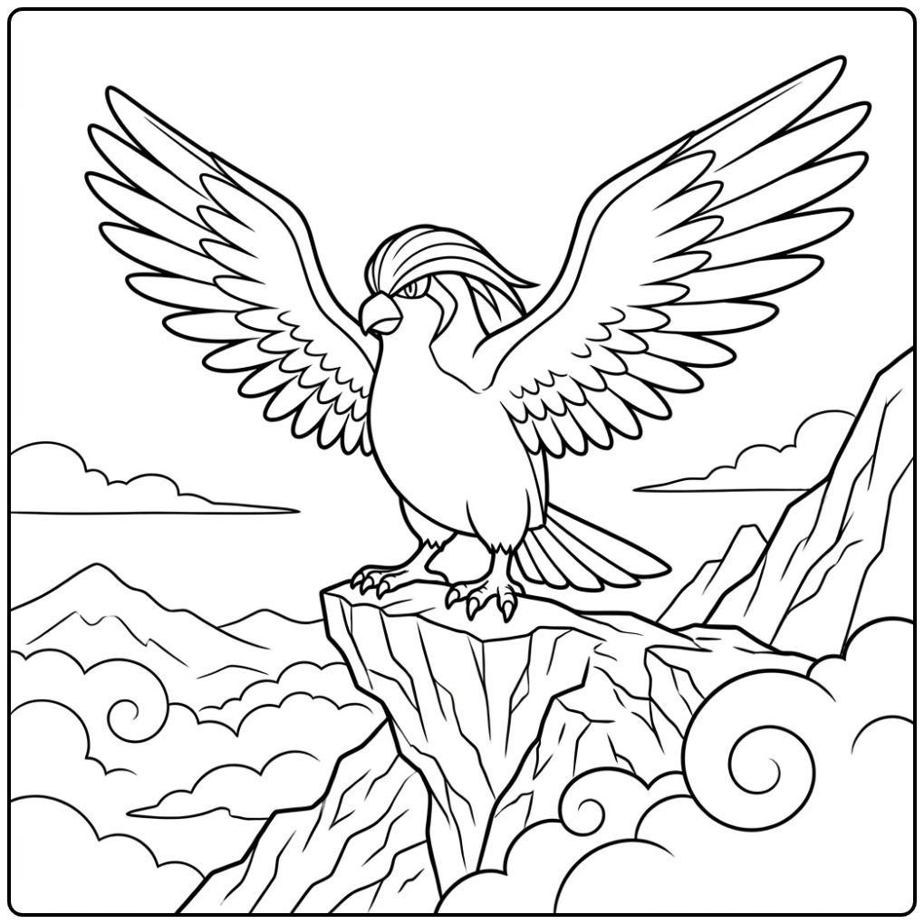 Beautiful Pidgeot on a Rocky Cliff coloring page